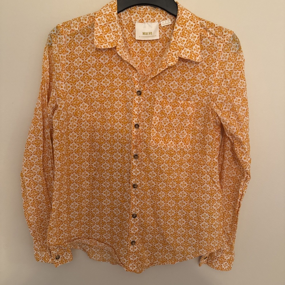 Anthropologie Maeve Petrin Orange White Floral Print Button-down Shirt Size 4